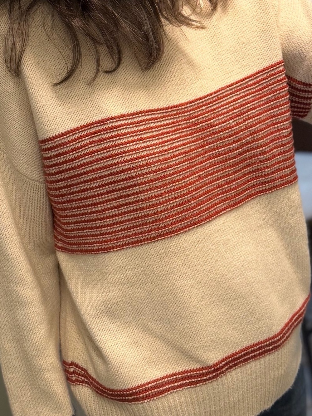 Cream and Rust Stripe Crewneck Sweater - Women